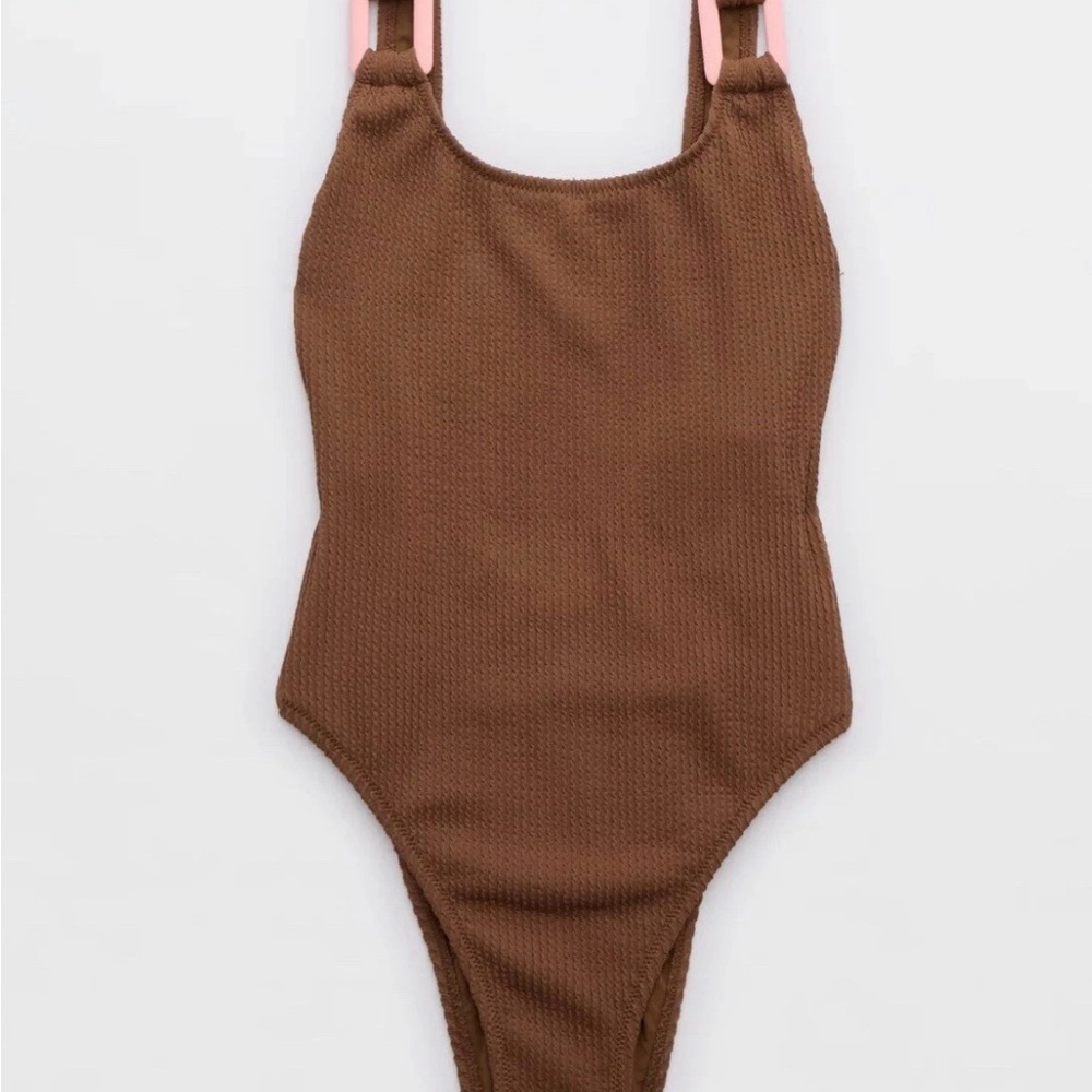 Aerie Crinkle Birthday Scoop Cheekiest One Piece Swimsuit Size M-Brown NWOT